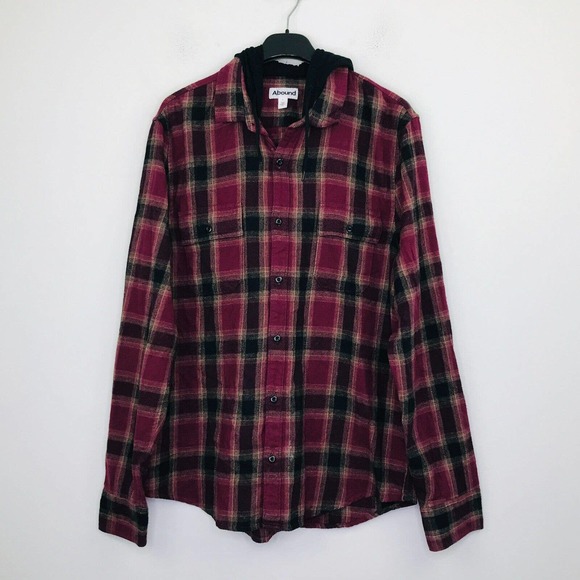 Abound Other - Abound Men's Large Shirt Red Black Plaid Hooded Long Sleeve Button Up DA19